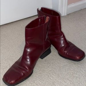 Square Toe Burgundy Leather Ankle Boots